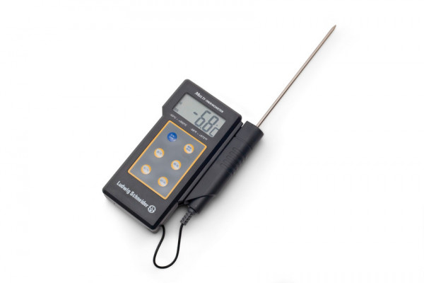 Digital hand-held measuring instrument with temperature sensor