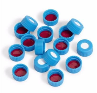 Cap, screw, blue, certified, PTFE/white silicone septa, cap size: 12 mm, 500 pieces