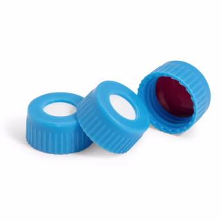 Kappe, Schraube, blau, gebondete, vorgeschlitzte Septen aus PTFE/Silikon, Kappengröße: 12 mm, 100 St