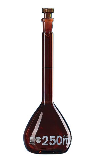 Volumetric flasks, BLAUBRAND®, class A, 20 mL, DE-M, Boro 3.3, with glass stopper, amber, ISO batch certificate