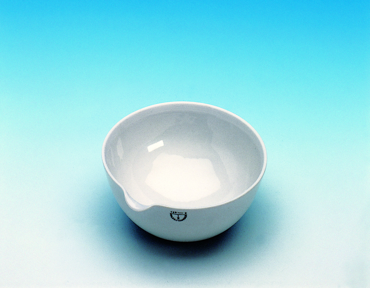 Evaporating dish porcelain, with spout, hemispherical Evaporating