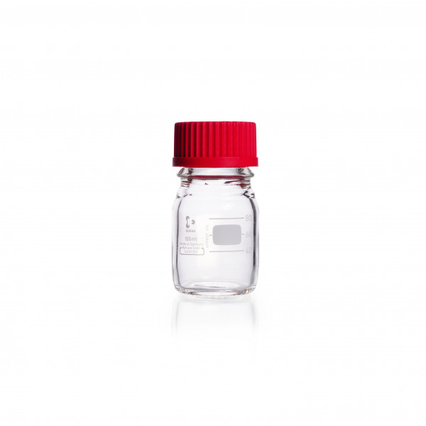 DURAN® Laborflasche, klar, mit roter PBT Hochtemperatur Schraubkappe, GL 45