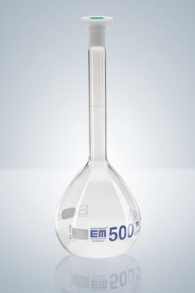 Volumetric flask, 500 ml, NS 19/26, Class A, KB, made of DURAN®, graduated in blue, with PE stopper