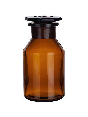 Reagent bottle, wide neck, amber, with glass stopper
