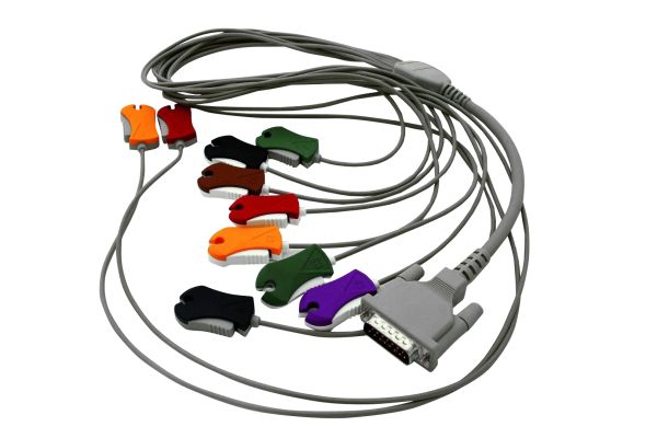 EKG-Kabel mit 10 Elektrodenleitungen mit Klammer-Anschluss, kurz, Länge 1,05 m