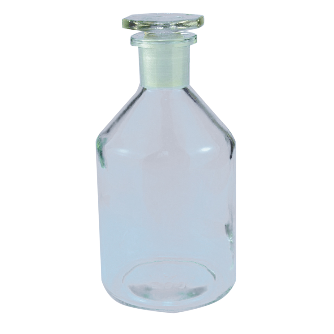 Steilbrustflaschen, Enghals, Klarglas, mit NS-Glasstopfen