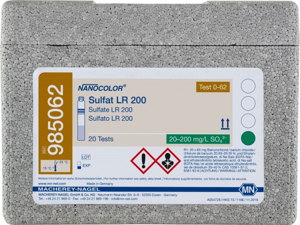 Tube test NANOCOLOR® Sulfate LR 200, 20-200 mg/L, 20 Tests