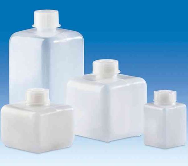 Narrow-mouth bottles, 500 mL, PE-HD, square, with screw cap