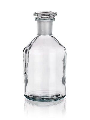 Rundschulterflasche, enghals, klar, mit Glasstopfen