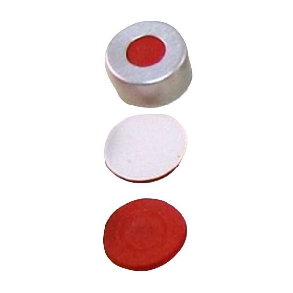 Crimp caps, R 11, with hole, septum red rubber/PTFE white, 100 pieces