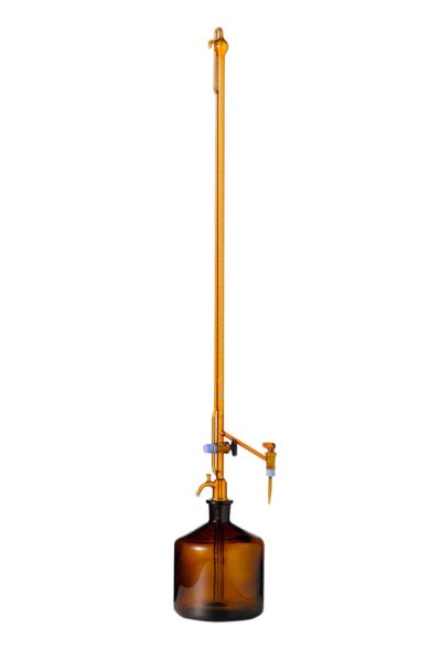 Titrators, class B, with intermediate stopcock, made of amber glass, lateral stopcock with glass key joint