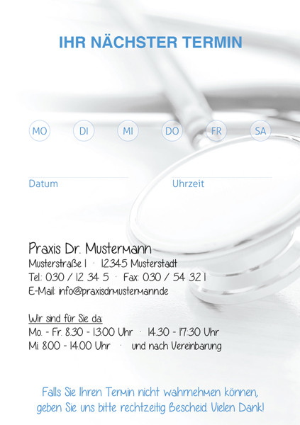 Terminzettel für Patienten, mit individuellem Text und Logo