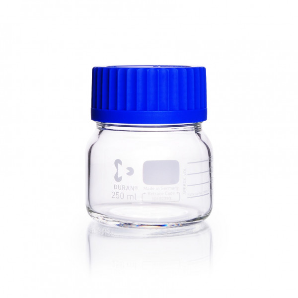 DURAN® Laboratory glass bottle, wide neck, clear glass, with cap and ring