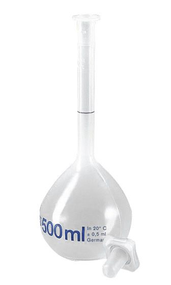 Messkolben, 500 mL, NS 19/26, PP, Klasse B, transparent, mit PP-Stopfen