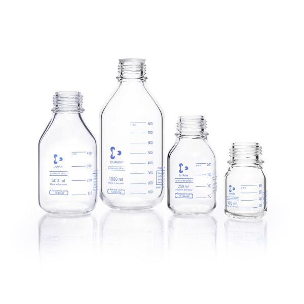 DURAN® Laborglasflasche pressure+ protect+, druckfest, kunststoffummantelt (PA12), Staubschutzkappe