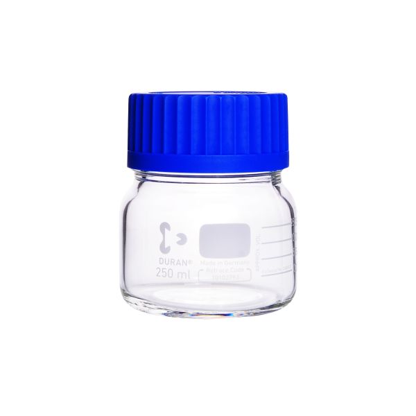 DURAN® Laboratory glass bottle, wide neck, clear glass, with cap and ring