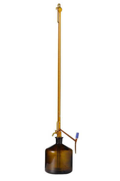 Titration apparatus, class B, 50:0.1 ml, brown glass, white graduated, lateral PTFE valve stopcock, without bottle