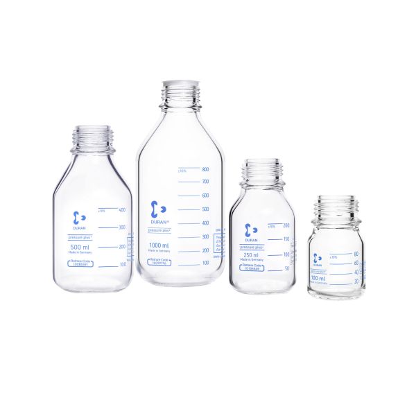 DURAN® Laboratory bottle pressure+ protect+, clear, pressure resistant, plastic coated (PA12), with protective cap