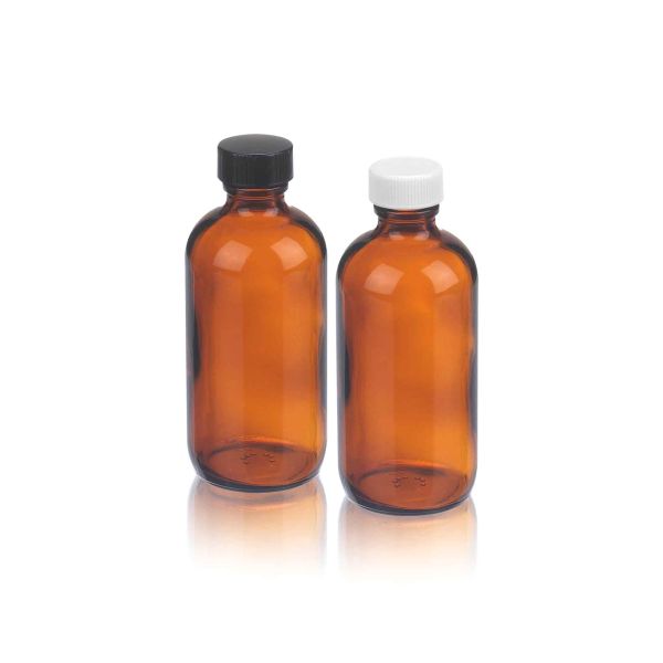 Wheaton® Boston round bottle, 125 mL, made of type III amber glass, with white PP cap and PTFE/PE seal, safety coated, 24 pieces