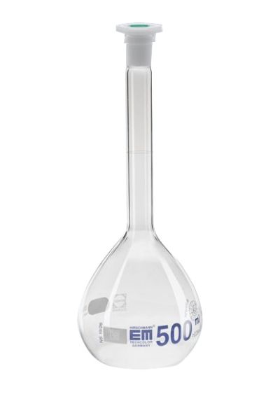 Messkolben, 500 mL, NS 19/26, Klasse A, KB, aus DURAN®, blau graduiert, mit PE-Stopfen