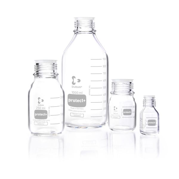 DURAN® Laborglasflasche protect+, klar, kunststoffummantelt (PA12), mit Staubschutzkappe