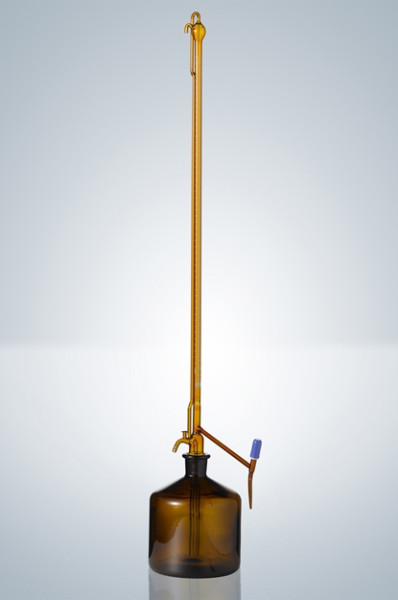 Titration apparatus, class B, 50:0.1 ml, brown glass, white graduated, lateral PTFE valve stopcock, without bottle