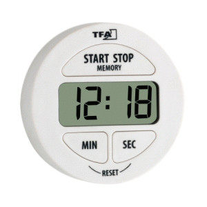 Digital timer and stopwatch, 99 min.59 sec., white, round