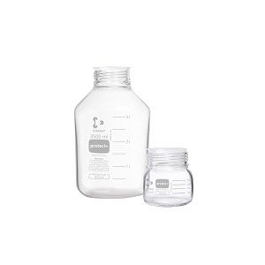 DURAN® Laborflaschen protect+, GLS 80, Klarglas, kunststoffummantelt (PA12), mit Staubschutzkappe